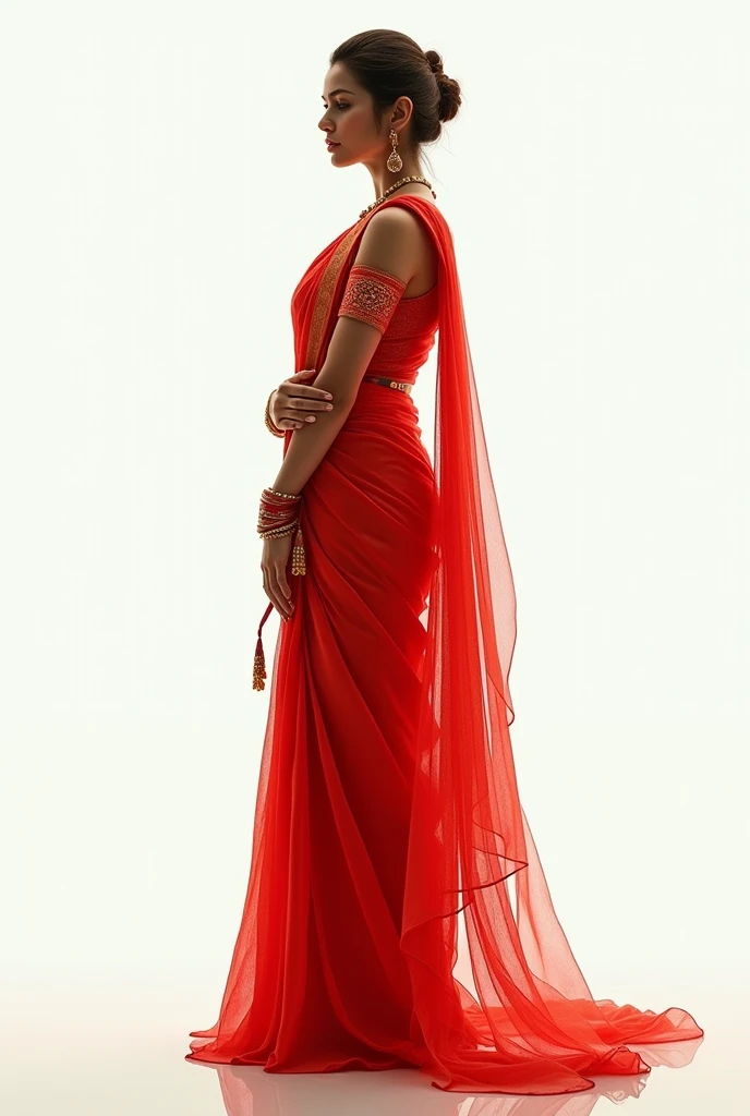 Hindu beautiful 4d women, in red saree , standing on floor, side view, face straight,white background 