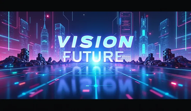 Create a striking Facebook cover photo with bold, futuristic visuals. Center the text Vision Future AI in sleek, glowing typography, surrounded by holographic designs, cutting-edge technology elements, and a vibrant, digital skyline. The colors should be a...