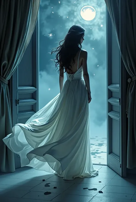 Lying in bed, The soft glow of the moonlight streaming in through the window creates an eerie atmosphere.. sudden, The door creaked, And then a breathtakingly beautiful woman walked into my room.. Her dark hair cascaded down her porcelain skin like a night...