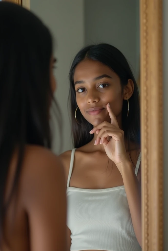 A teen indian girl 
Taking mirror selfie from phone 
Having oval face 
Fair skin colour 
And straight black hair 
Age 15- 
Wearing a crop top