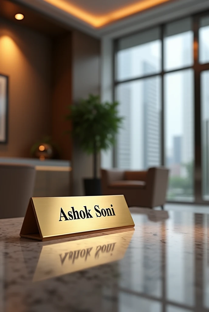 Create an image of a professional bank setting for ASA Pakistan Bank. The scene should feature a sophisticated bank interior, with modern and elegant design elements. Include a high-quality nameplate on a desk or office wall that reads "Ashok Soni" in a sl...