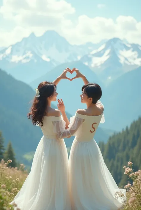 Two couple on mountain view and boys and girls hand shape love shape dress colour white and dress front S letter 