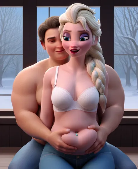 (( 3D, a slim and short Man,a Man pinching elsas cheeks,A Man pinching and  touching Elsas Belly )) ,Tall  Winced Elsa,literally gained a plump belly,Trying to wear jeans but they dont fit because she gained put on weight,fullbodyimage,Raised Eyebrows,wide...