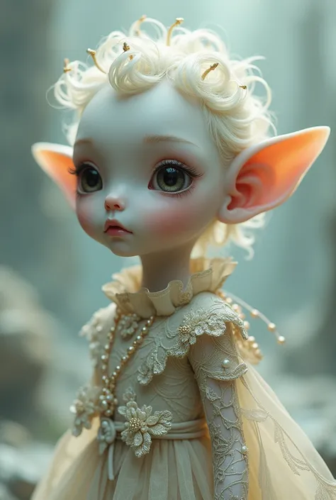 A creature from the future. Its beaauty looks like Dresdem art.  Short coily hair, big eyes, small lips, cute chin. Inocent, looks like a child. Delicate clothes. SMALL EARS