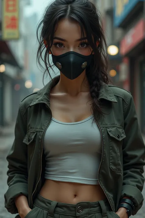 Girl with face mask wearing bomber jacket, shirt and cloth pants