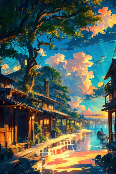 Sunset, afternoon, summer time, windy, cool, anime scenery of a beach with a house and a boat, anime countryside landscape, anime landscape, anime landscape wallpaper, stunning art style, beautiful anime scenery, anime art wallpaper 4k, anime art wallpaper...