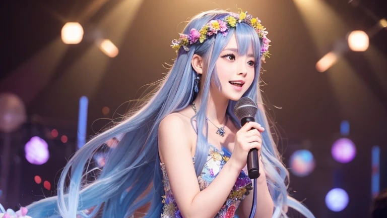 Beautiful girl　Silver and long hair　She is singing in a fantastical dress.　Wearing a colorful flower crown　Anime Style