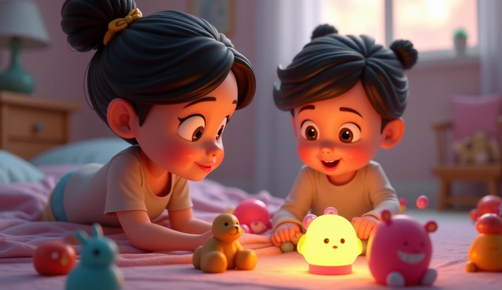 Their mother peeks into the bedroom to check if they are sleeping, finding them sitting with their toys.3d animation, disney inspired