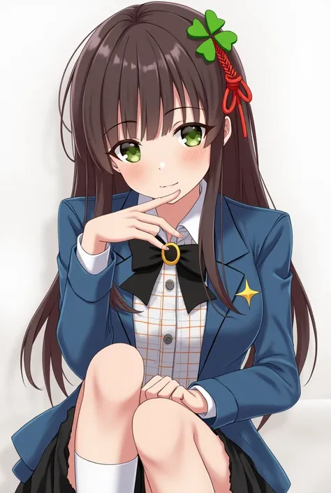 Hifumi has long dark brown hair with bangs, dark green eyes, and wears a red hair accessory resembling a rope with a three-leaf clover. Those knots are often used for omamori, which are used for offerings and prayers (and may symbolize the Star Arcanas mea...