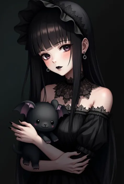 Anime girl with long dark brown hair, with straight bangs, black eyes, black painted lips, medium breasts, wearing a black gothic lolita-style dress and a black bonnet hugging a stuffed bat