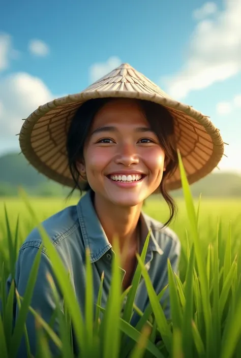 a happy and smiling Vietnamese farmer, 1person, beautiful detailed face, beautiful detailed eyes, beautiful detailed lips, stunning detailed portrait, outdoor, rice field, rural landscape, green fields, blue sky, white clouds, natural lighting, vibrant col...