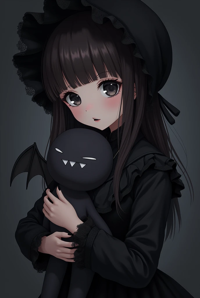 Anime girl with long dark brown hair, with straight bangs, black eyes, black painted lips, medium breasts, wearing a black gothic lolita-style dress and a black bonnet hugging a stuffed bat