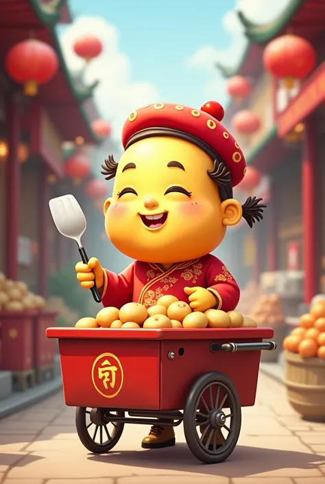 A chinese potato wearing red chiness hat and red hanfu grabbing spatula and pan with a chibi art style. Shes selling a potato with a sales cart with potato on display.  not a human, its a potatoo selling potato. A female chinese potato. Make the cart in fu...