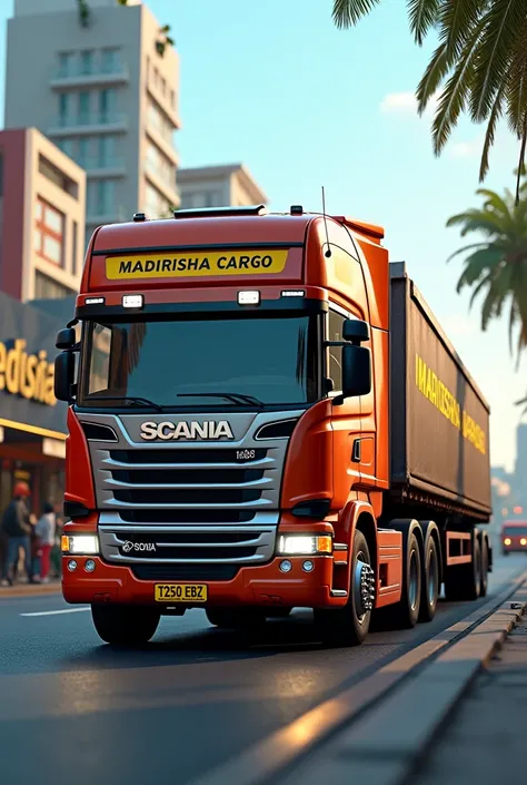 Create a 3D image of a Scania truck with a yellow license plate that reads T250EBZ"Above the windshield, write capital latter MADIRISHA CARGO. The truck should be shown passing through areas in Dar es Salaam, Tanzania."