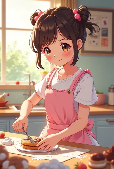 A girl making sweets in a manga style in digital drawing..

