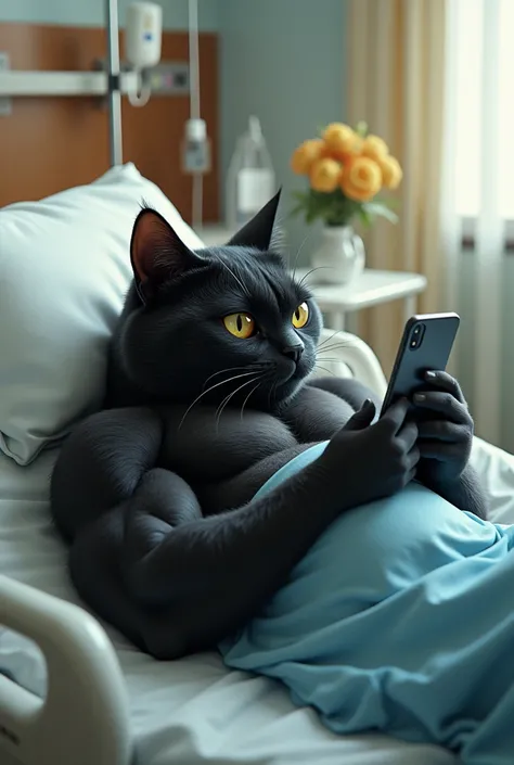 A muscular black  cat with large expressive eyes lies in a hospital bed, holding a smartphone to its ear. The cats body is overly muscular, resembling a bodybuilder, while its head maintains its feline features. The hospital background includes medical equ...