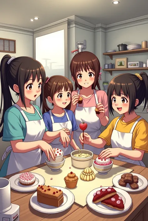 Young women making sweets, manga style 