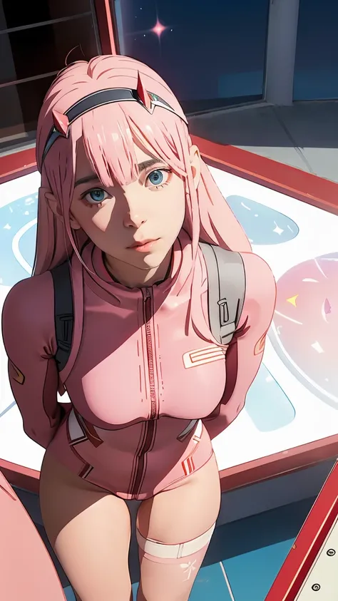 (Overhead view),dynamic angle,ultra-detailed, illustration, straight on, 1girl, ((Zero two, interface headband with a pair of horns, red bodysuit:1.4, pink hair)), Her eyes shone like dreamy stars,(glowing eyes:1.233),(beautiful and detailed eyes:1.1),(exp...