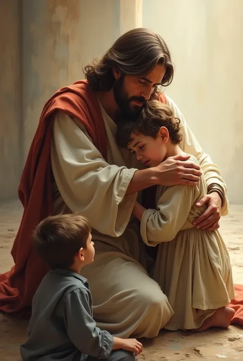 Jesus hugging a crying boy and a boy was kneeled down 