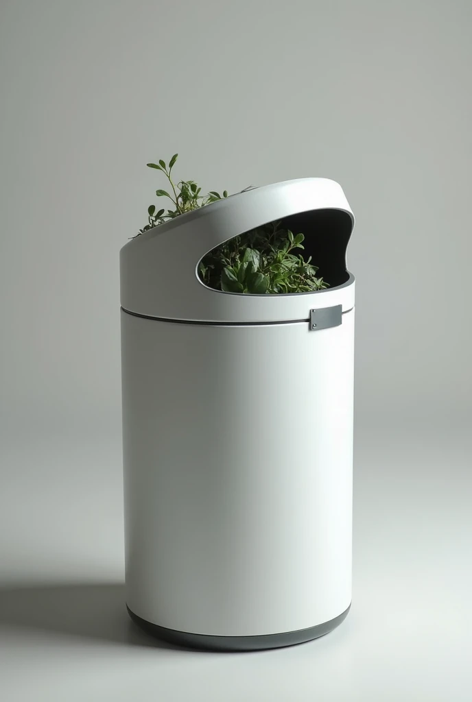 3d trash bin that has solar on top, compressor inside at the bottom to compress the trash, made out of plastic, sensor to automatically and close the lid, and dont make it futuristic, make it out of plastic, and make it circular 