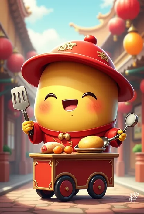 A Chinese potato wearing red hat and red clothes grabbing spatula and pan in a Chibi art style and the chinese potato is selling a potato with a sales cart.