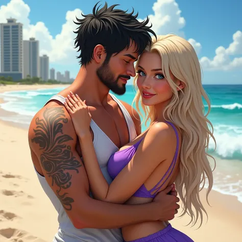 setting is them setting on the beach near ocean waves crashing, coverd in sweat, shimmering water, condos , he laying on top of her cuddling and hugging.  They are smiling at the camera 
 male black messy hair, Chisleled chin, masculine jaw, short stubbly ...