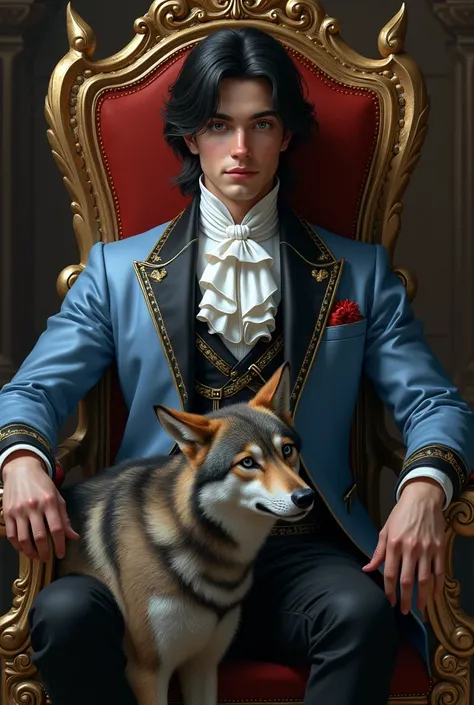 photo realistic high detail handsome young European prince male shoulder mid length black hair blue eyes, slender build formal pale blue, black and white royal suit sitting on an ornate chair with a wolf at his feet looking at camera