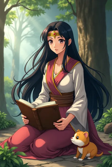 Beautiful woman with long black hair,Forehead protector,Shade,sit with an old book in one hand,Small animal next to,Teach small animals how to study by reading books,Dragon Quest style,Hero,Anime Style,