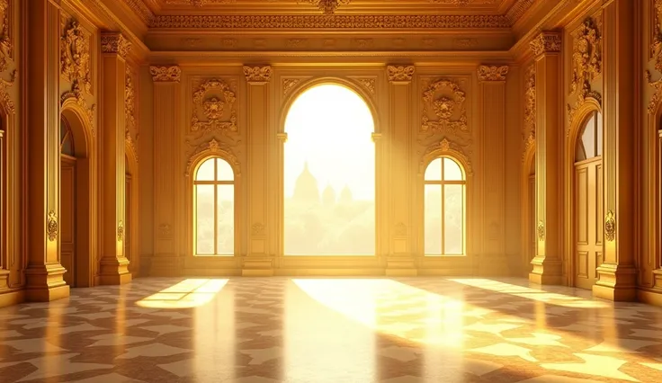 Inside view of golden palace, empty space on floor , large open two windows, hd 3d image