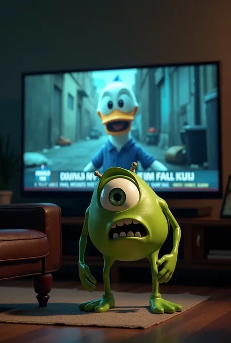 Mike Wazowski, the iconic one-eyed green monster from Disney-Pixar, stands frozen in front of a television screen in his living room, staring in shock at the broadcast. On the screen, a news report shows his friend Donald Duck in a dire situation, living i...