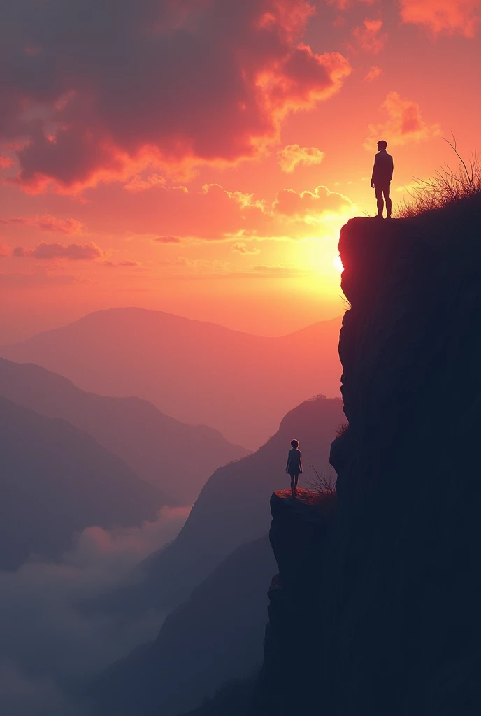 Here is the image based on your description: a lone figure on a cliff at sunset, symbolizing isolation and heartache, with a distant figure walking away a girl and the figure near is man. The melancholy atmosphere is captured with the beautiful yet emotion...