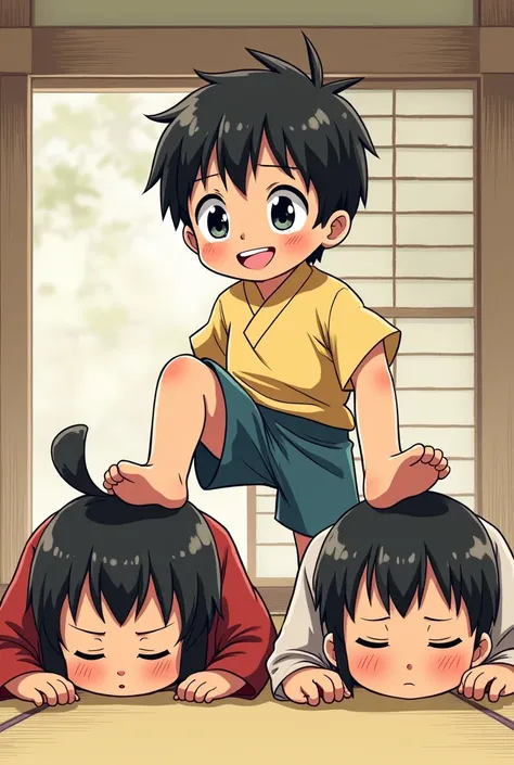 Boy using his dogeza mother and aunt head like a footstool 