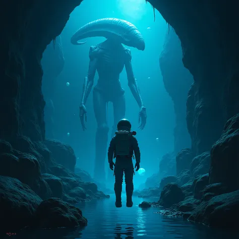 A solitary astronaut, trapped in a bioluminescent underwater cavern, gazes in awe at the colossal, skeletal remains of an ancient alien civilization. Surrounded by bioluminescent sea urchins, their spines glowing an eerie blue, the astronaut feels a sense ...