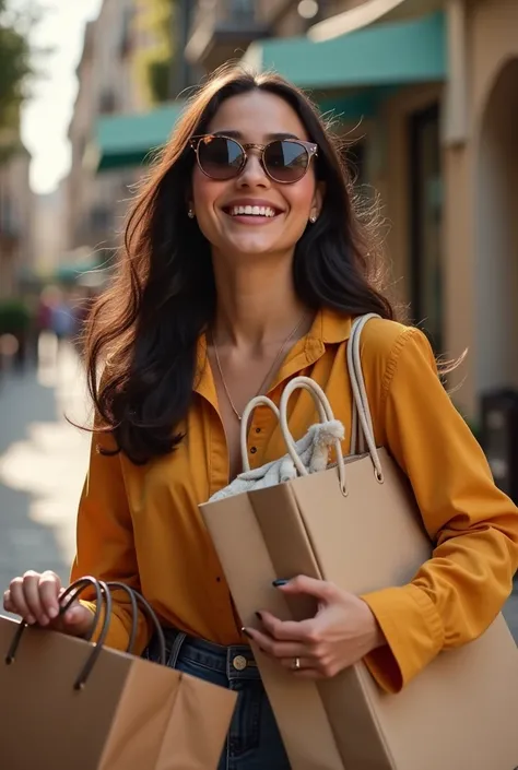 Une Fille avec Lunettes qui reçoit ces Colis après une Shooping de vêtements et Accessoires de Luxe et de marques en Ligne , très Contente avec ses Colis  et porte feuille à La main , visage dune Malgache ( Cheveux Lisse , Teinte Claire ) et a noter quil a...