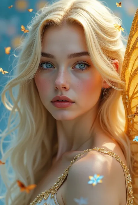 In a harmonious fusion of styles, the image presents a captivating scene where a woman with blonde hair and an angelic demeanor takes center stage. Adorned with ethereal golden wings, she gazes directly at the camera, her exquisite features radiating an ot...