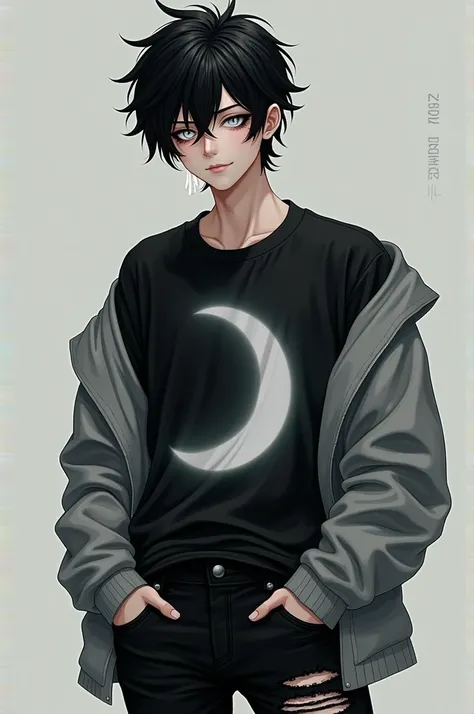 (A young man, with slightly messy black hair, but in his bangs there is a white streak. His eyes are completely white, a beautiful smile. He wears a black t-shirt and a shirt that has a moon in the middle of the t-shirt, and a gray jacket, your pants are b...