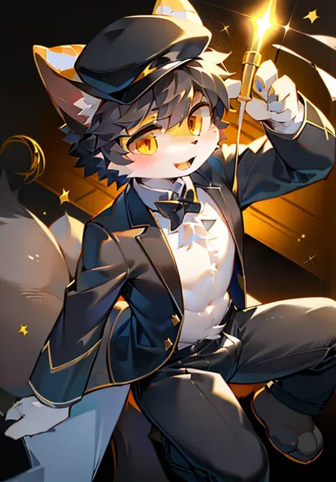 magician，Handsome，cute，White male cat，boy，Big furry tail，Black clothes，Black hat，Golden Eyes，Holding a magic wand，Perform magic。magic