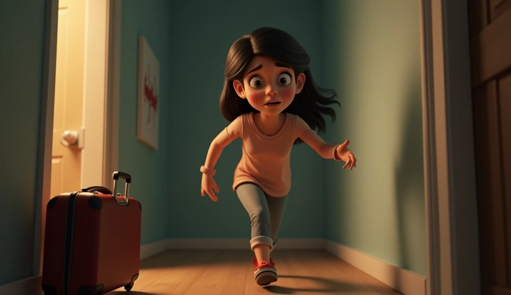 Arif and Tariq’s mother looks terrified, her face pale with fear, as she stumbles towards the suitcase.3d animation, disney inspired