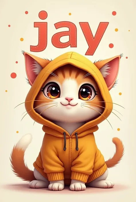 Image of a cute cat wearing hoodie with a text Jay on the background 