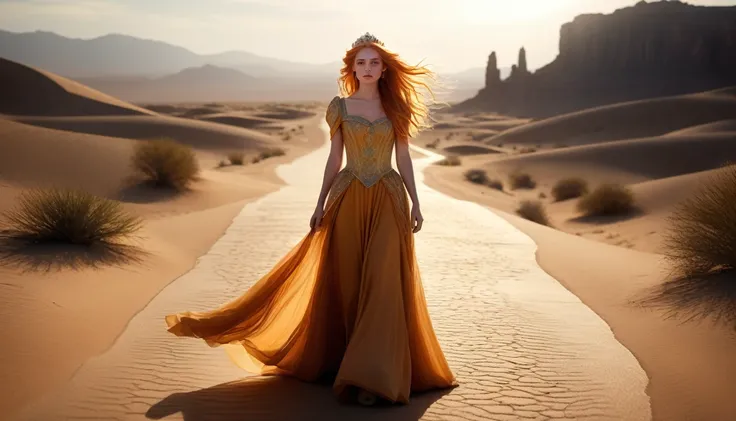 a beautiful orange-haired princess walking along a desert road with a prince in her dream, holding his hand gently but her wish is unfulfilled, a sand timer in the background symbolizing the passage of time, her expression a mix of longing and determinatio...