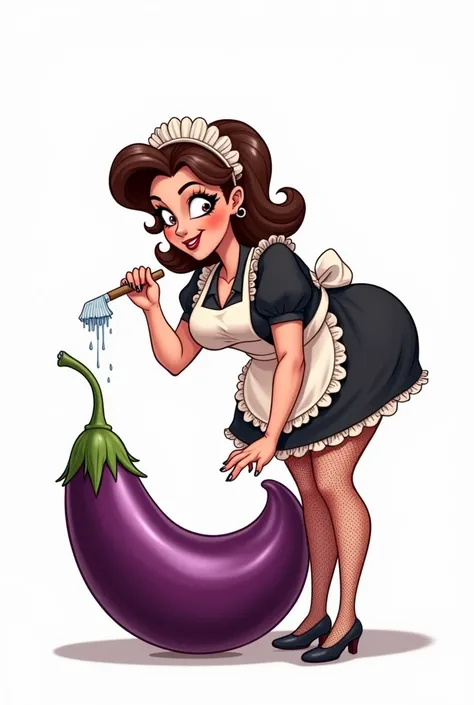 cartoon of a sexy horny chubby brunette french maid cleaning eggplant penis, white background 