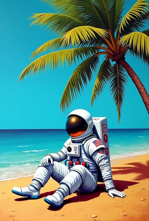 pop art graffiti painting of an astronaut sitting on a bright sunny beach Infront of a palm tree