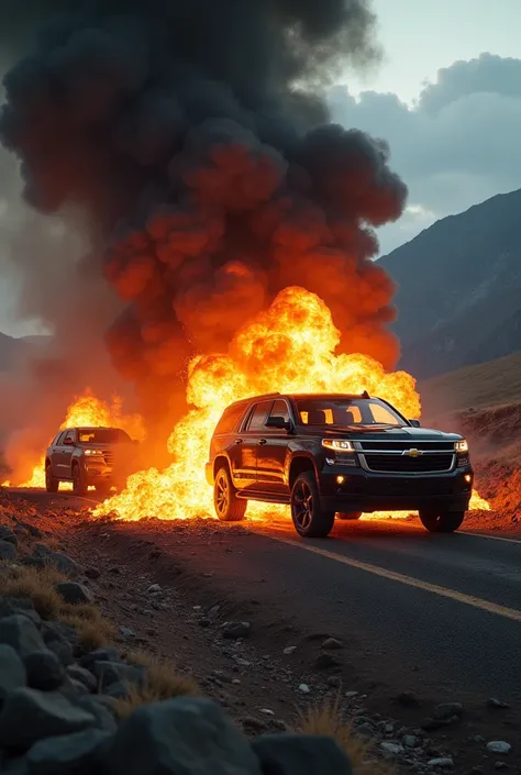 A sinister scene unfolds as dark destroyed SUVs disintegrate under the wrath of precision lasers, billowing smoke swirling around the mountainous backdrop. The intense heat illuminates the destruction, revealing every detail from the melting metal to the b...