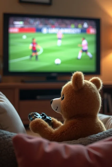 A playful little bear plays a football game PES  on TV and its so realistic