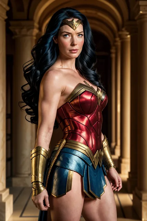 ACTRESS BRIDGET REGAN AS A BEAUTIFUL BOMBSHELL WONDER WOMAN (( DC COMICS)), HUGE LONG BLACK HAIR, HIGH CHEEKBONES, ROSY CHEEKS, EYES LOOKING TO CAMERA, LOOKING TO VIEWERS, SERIOUS FACE EXPRESSION, NORSE FEMALE BEAUTY, PALE SKIN, TRADITIONAL BLUE RED COSTUM...