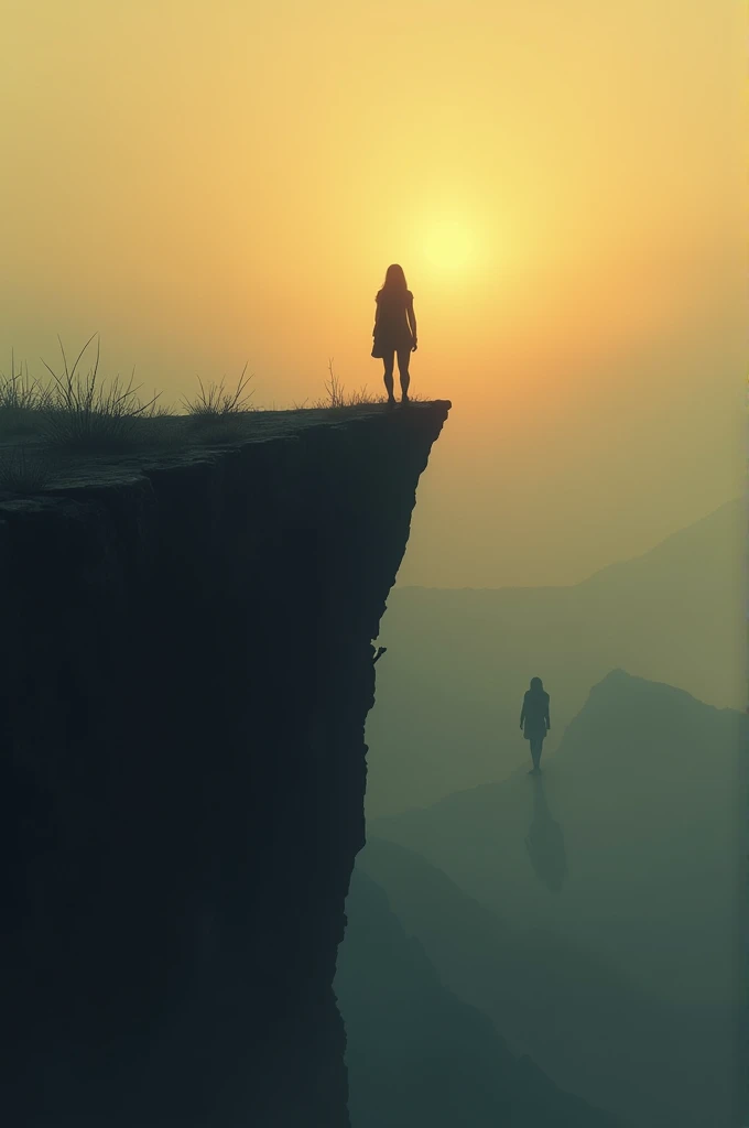 Here is the image based on your description: a lone figure on a cliff at sunset, symbolizing isolation and heartache, with a distant figure like girl walking away. The melancholy atmosphere is captured with the beautiful yet emotional scene. Sunset and the...