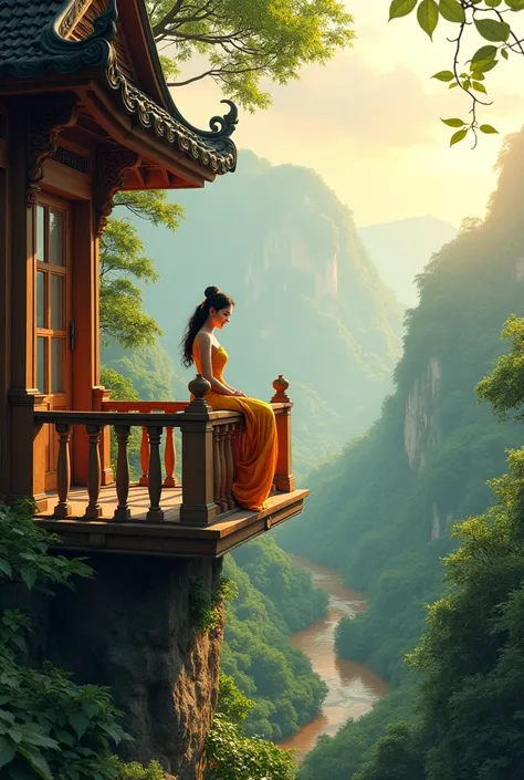 Non-contemporary house. A sweetly smiling Thai woman in a sexy outfit sits on the balcony of her home.. The house is located on the edge of a large valley.. The surrounding atmosphere is filled with various types of green trees.. There is a river flowing t...