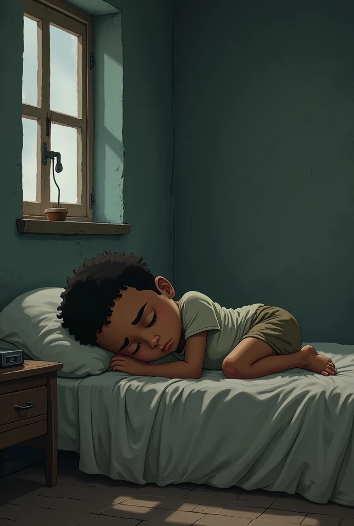 Poor dark-skinned barefoot boy in his room on his bed sleeping cartoon

