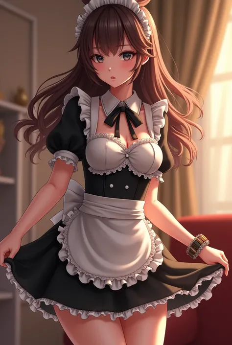 A pretty woman with wavy hair wearing a short maid outfit shyly lifts up her skirt