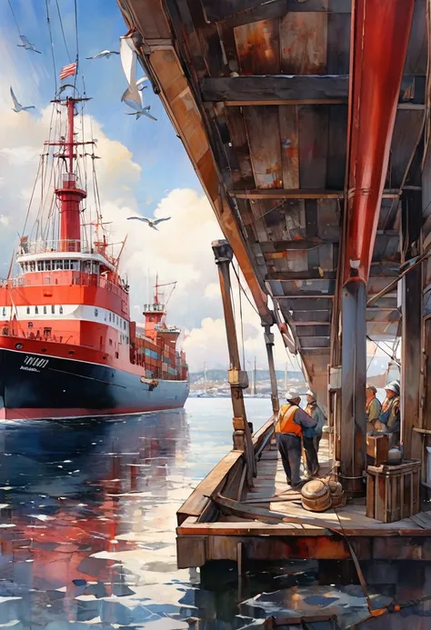 /imagine prompt: An impressionistic harbor scene, through delicate delicate touches, shows a large red motorized merchant ship tied to the wharf with thick ships ropes. Salt and time have worn away the paint on its sides. We see dock workers unloading the ...